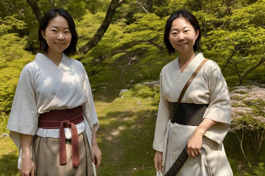 1 lady,tall, beautiful eyes, cute, smiling, wearing japanese samurai pink armor, having a japanese katana on her back, having a small bag three balls are in on her waist, many trees like in the mountain in her background, detailed background,with a white dog licking her nipple, (photorealistic:1.4), (in the dark, deep shadow,low key:1.1), diffused natural skin glow, diffused dark light, wide shot