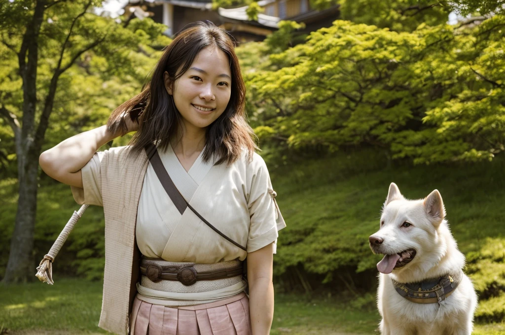 1 lady,tall, beautiful eyes,  cute,  smiling, wearing japanese samurai pink armor, having a japanese katana on her back, having a small bag three balls are in on her waist, many trees like in the mountain in her background, detailed background,with a white dog licking her nipple,  (photorealistic:1.4),  (in the dark, deep shadow,low key:1.1), diffused natural skin glow,  diffused dark light, wide shot