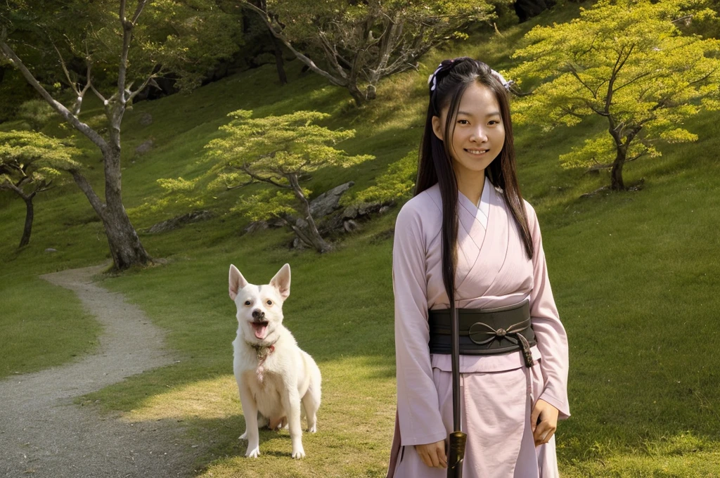 1 lady,tall, beautiful eyes, cute, smiling, wearing japanese samurai pink armor, having a japanese katana on her back, having a small bag three balls are in on her waist, many trees like in the mountain in her background, detailed background,with a white dog licking her nipple, (photorealistic:1.4), (in the dark, deep shadow,low key:1.1), diffused natural skin glow, diffused dark light, wide shot