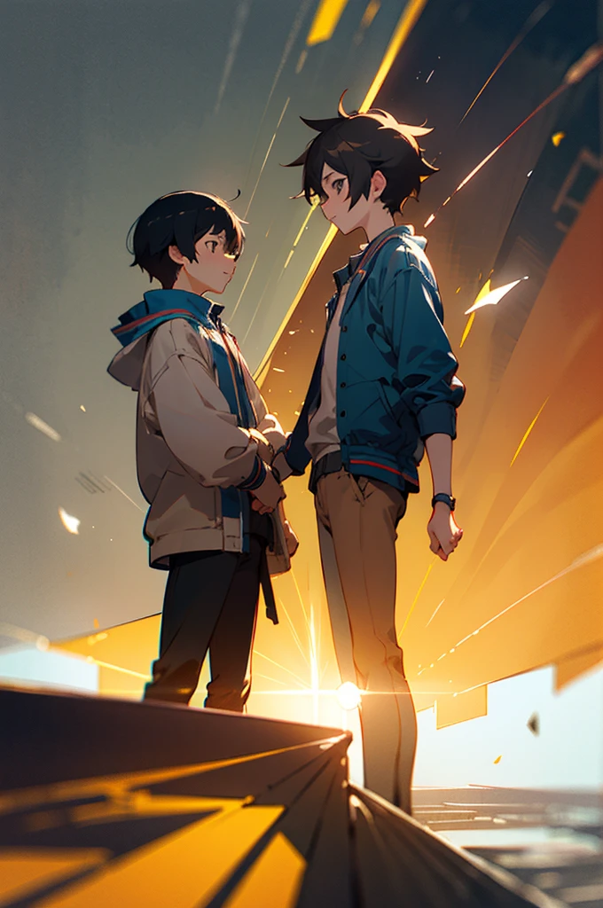 Two friends, two guy, one looking, one looking away, one black hair, one brown hair, anime style, chromatic aberration, god rays, UHD, ccurate, high details, best quality, high quality, super detail, market store, winning award