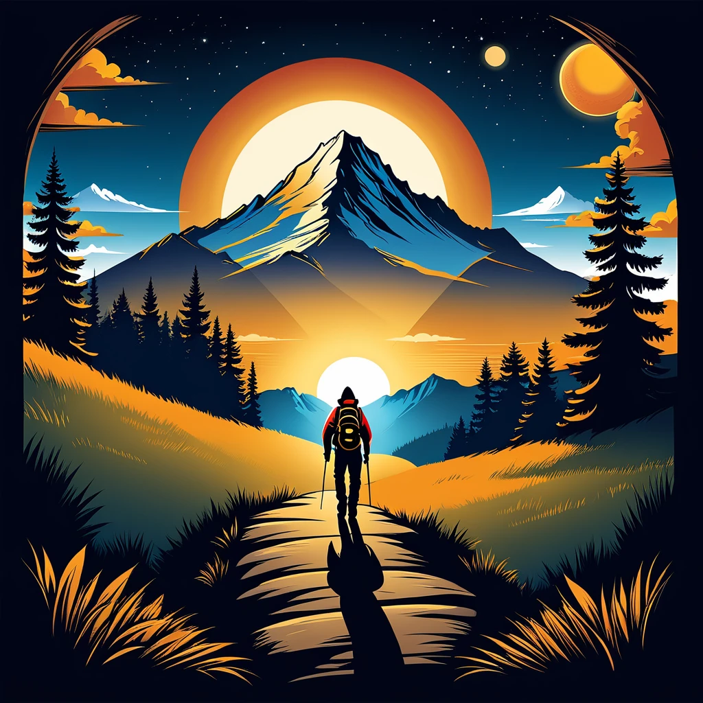 print ready vector t-shirt design, adventure scene with explorer, with beautiful nocturnal sun and mountain in the background, clean white background, professional vector, full shot, 8K resolution, deep impression illustration