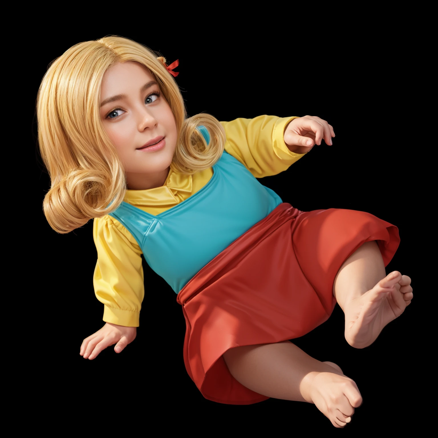 The image shows a 3D animated character, a young girl with blonde hair, wearing a yellow dress and a red skirt, floating in mid-air, smooth 3d model, glossy plastic texture, multiple light sources, rim light, sharp post effects render, most beautiful vfx, , realistic, 4k, high resolution, rim light, smooth 3d model. , glossy texture, smooth 3d model, multiple light sources, rim light, sharp post effects render, (glossy plastic texture with multiple big light probe refractions), perfect cgi, reflective, best quality, 4k, masterpiece:1.2, ultra-detailed, realistic, vivid colors, The image of the highest quality, ensuring every detail showcased perfectly. It in 4k resolution, allowing viewers to immerse themselves in the richness of the colors and intricate details. The realistic rendering. under the spotlight, reflecting, high-resolution image, realistic rendering