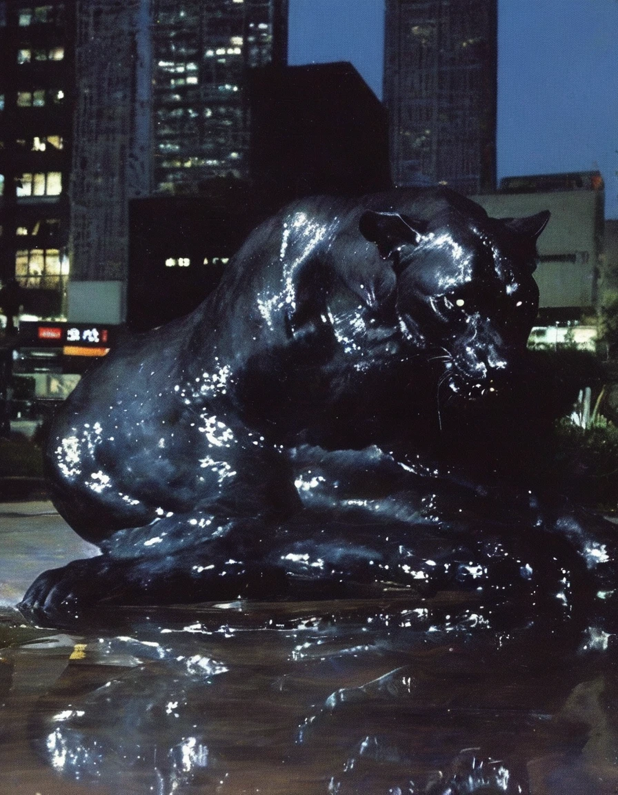   sits near giant black panther on bangkok street at night