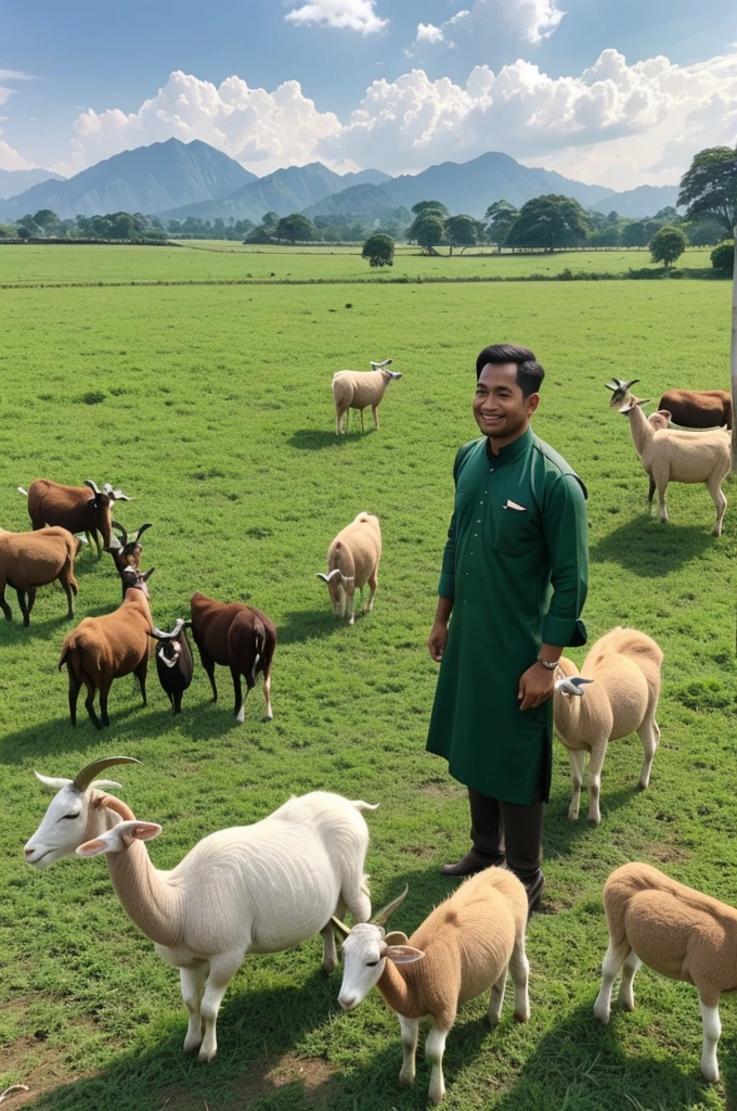 "eat, please produce a picture of a Malay man standing in a field with some of his goats. This man looks happy and friendly with his farm animals around him. The background is a green and open farm landscape."By using this prompt, eat sepatutnya dapat menghasilkan gambar yang menggambarkan suasana kebersamaan antara seorang lelaki Melayu dengan kambing-kambing ternaknya dalam lanskap ladang yang hijau.