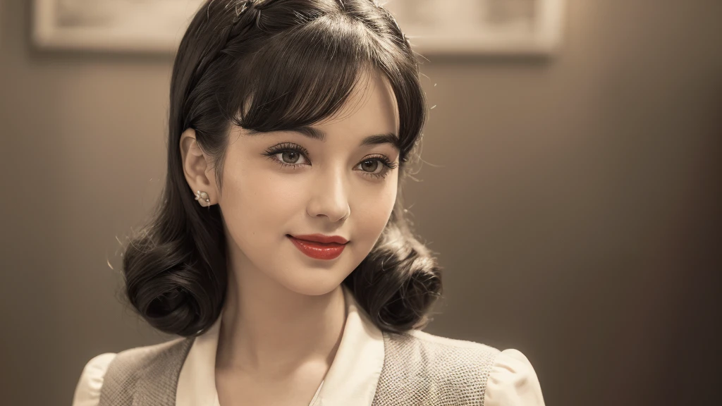 (1950s girl:1.3), (1girl:1.3), smile shyly, (highly detailed face), (extremely detailed beautiful face), (Early Showa hairstyle, retro hairstyle, 1950 fashionable clothing, oldies fashion:1.3), (Best Quality:1.4), (Ultra-detailed), extremely detailed CG unified 8k wallpaper, Realistic portrait, Beautiful detailed, High-definition raw color photos, professional photography, (fine face:1.2), focus on women, (oldies, oldies songs, Old photos, retro photos, sepia photos, valuable photos that give you a sense of the times), A scene from a retro movie from the 1950s,