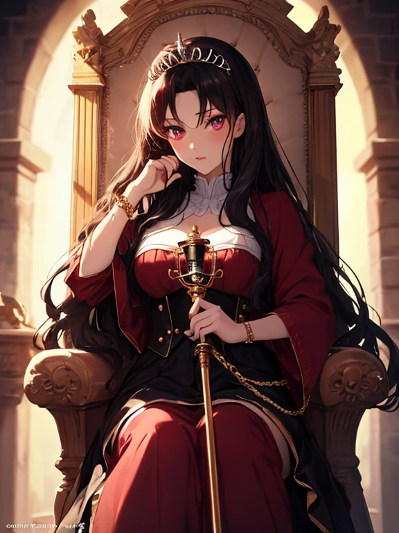 Queen, tiara, Princess, ring:1.5, Golden Staff, Throne of Power, (masterpiece), highest quality, Tohsaka Rin, 1girl, uhd, retina, masterpiece, ccurate, anatomically correct, textured skin, super detail, high details, high quality, best quality, highres, 4K