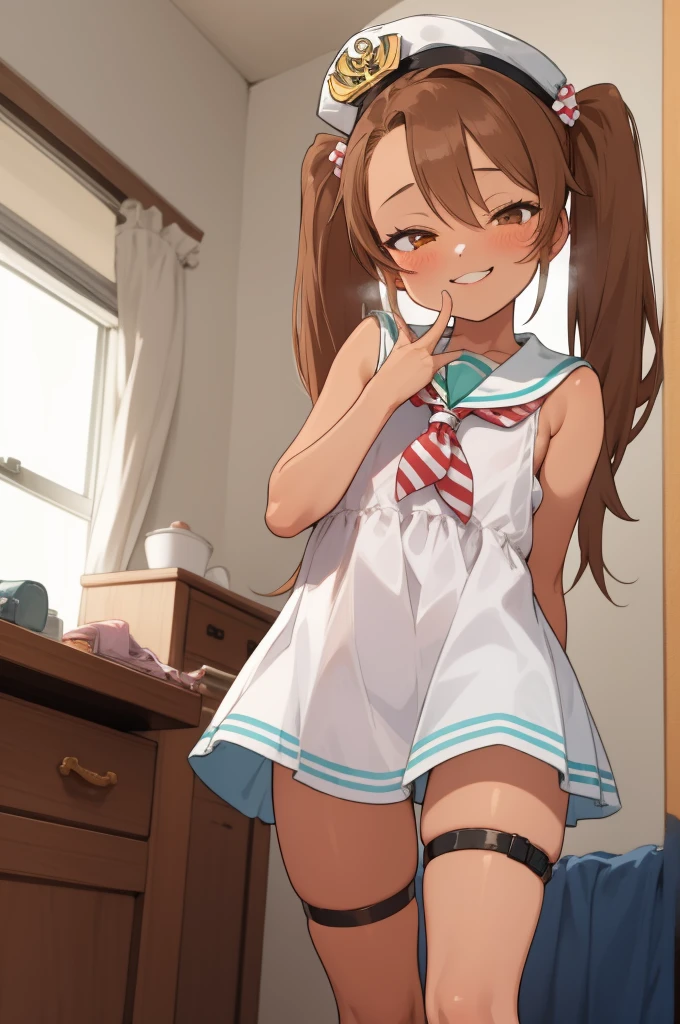 ,1girl,solo,cowboy shot,twintails,dark_skin,tan,brown_hair,long_hair,sailor_dress,smile,brown_eyes,sleeveless,hat,striped,looking_at_viewer,high heels,thigh strap,(nsfw),my room