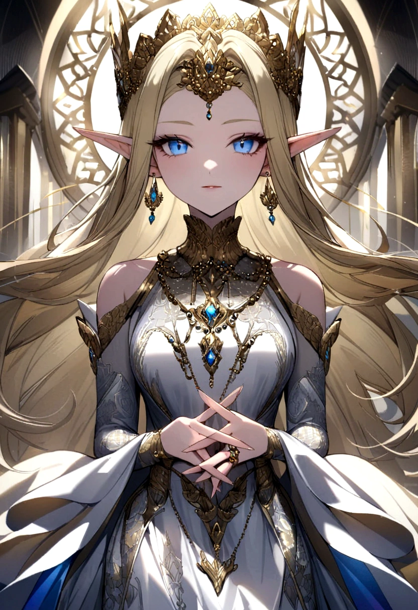 Adorned with luxurious accessories, the blonde-haired, blue-eyed elf queen captivates the viewer with her regal presence. Her gown, embroidered with gold and silver threads and intricately patterned with brightly colored threads, shimmers in the ethereal light. Ears adorned with pierced earrings sparkle, an elegant necklace adorns the slender neck, and rings and bangles adorn the fingers. breasts