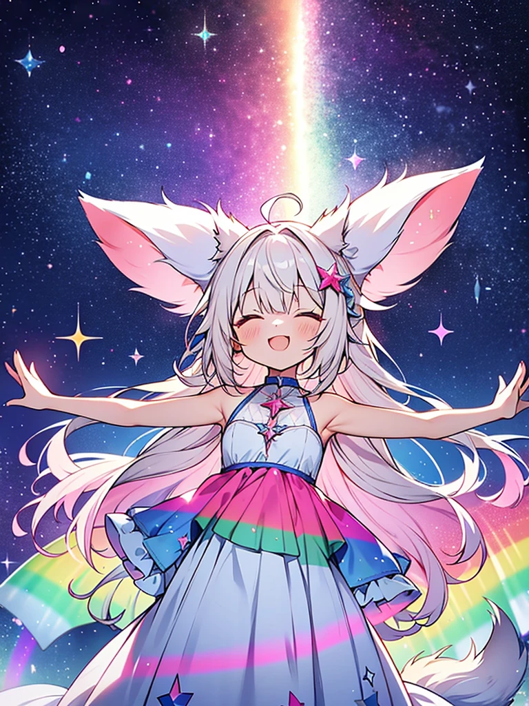 Anime style,lolishota,wolf ears tail,rainbow 7colors gradation stars glitter shining glowing prism Aurora Borealis Glimmering dress,Flying into the sky, shining like a goddess, she is truly divine,Spread arms horizontally,laugh,