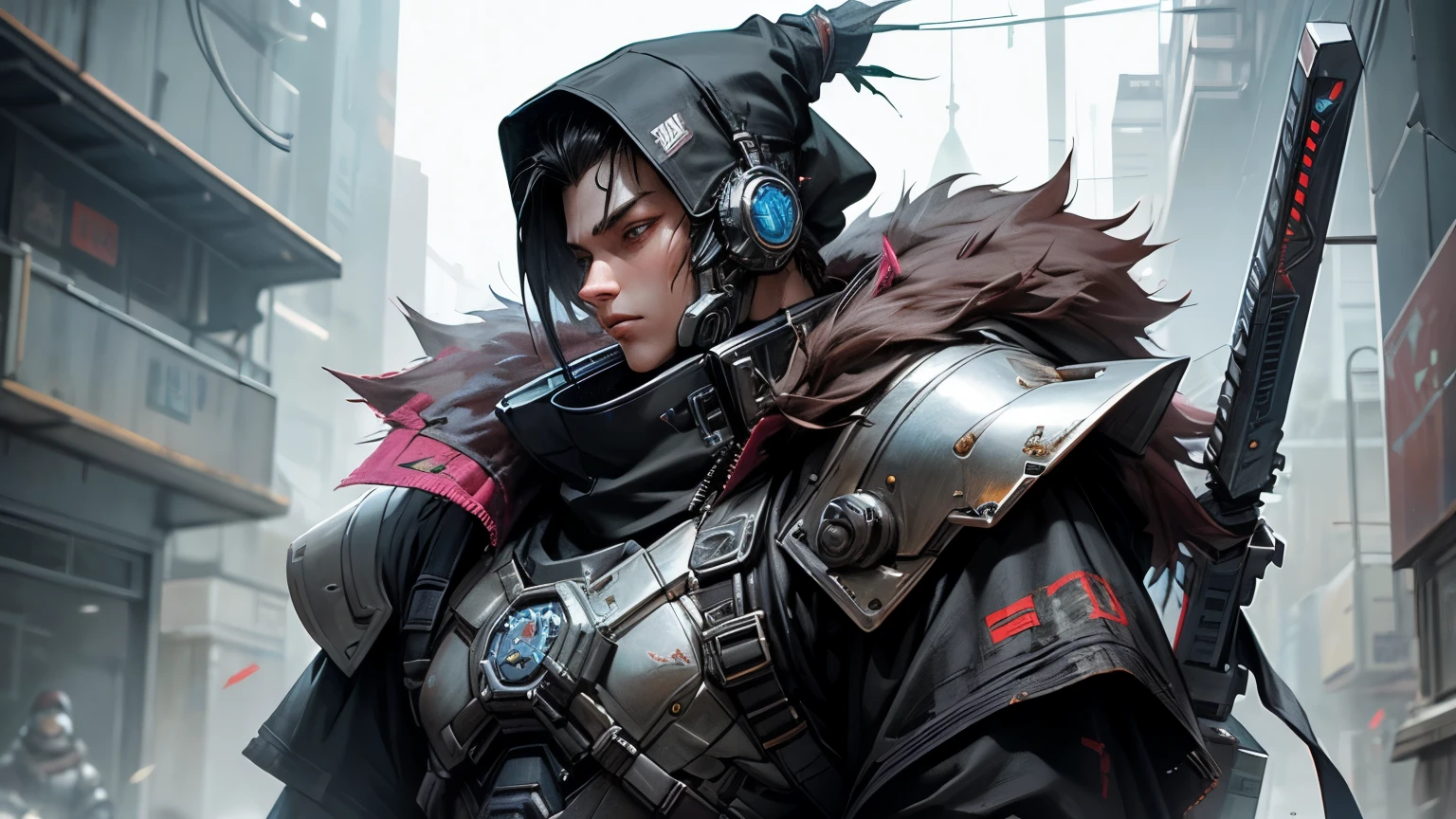 sci-fi cyberpunk boy wearing cybernetic cloaks and metallic armor with fur, carrying a cyberpunk war hammer, on a frozen background