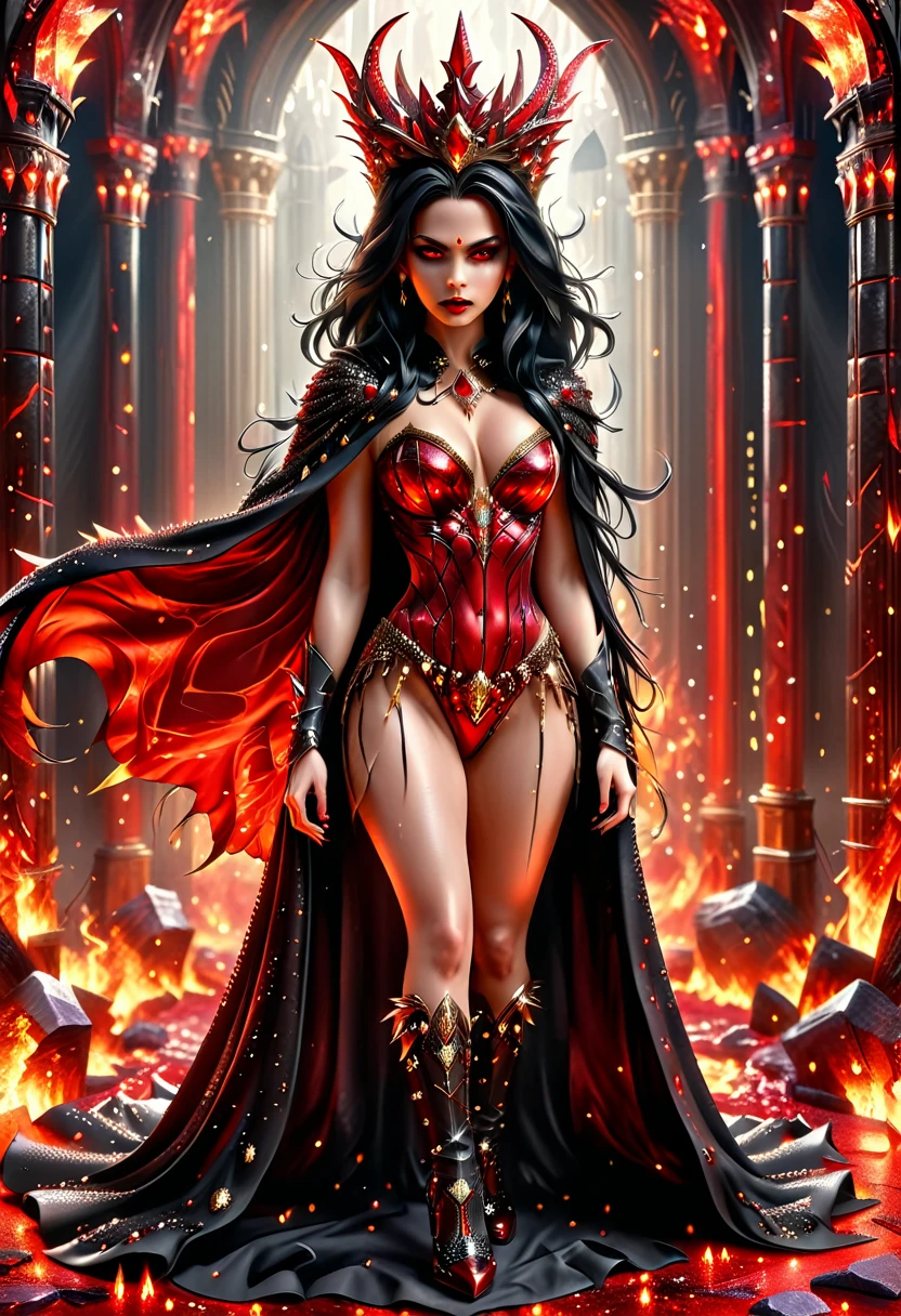 Arafed a dark glamour picture of the queen of demons in the halls of hell, (full body shot: 1.3), a demons queen magnificent and full of awe, black hair, long hair, flowing hair, bold intense eyes, extremely exquisite beautiful queen, perfect body, (anatomically correct: 1.3), ultra feminine, ultra detailed face, black lips, fiery glowing eyes, (demonic horns from head: 1.1) , (red skin: 1.3), dynamic angle, there is (golden crown on her head: 1.1), she wears a cloak, flowing cloak, cloak of fear, she wears (spiked high heels boots: 1.1),  studded with diamonds and rubies, the hall of the queen of hell background, (masterpiece: 1.4) intense details, highly detailed, photorealistic, best quality, highres,16k, [ultra detailed], masterpiece, best quality, (extremely detailed), close up, ultra wide shot, photorealistic, RAW, fantasy art, dnd art, fantasy art, realistic art,((best quality)), ((masterpiece)), (detailed: 1.5) faize, intense gaze, ral-ntrgmstn, RedGlitter
