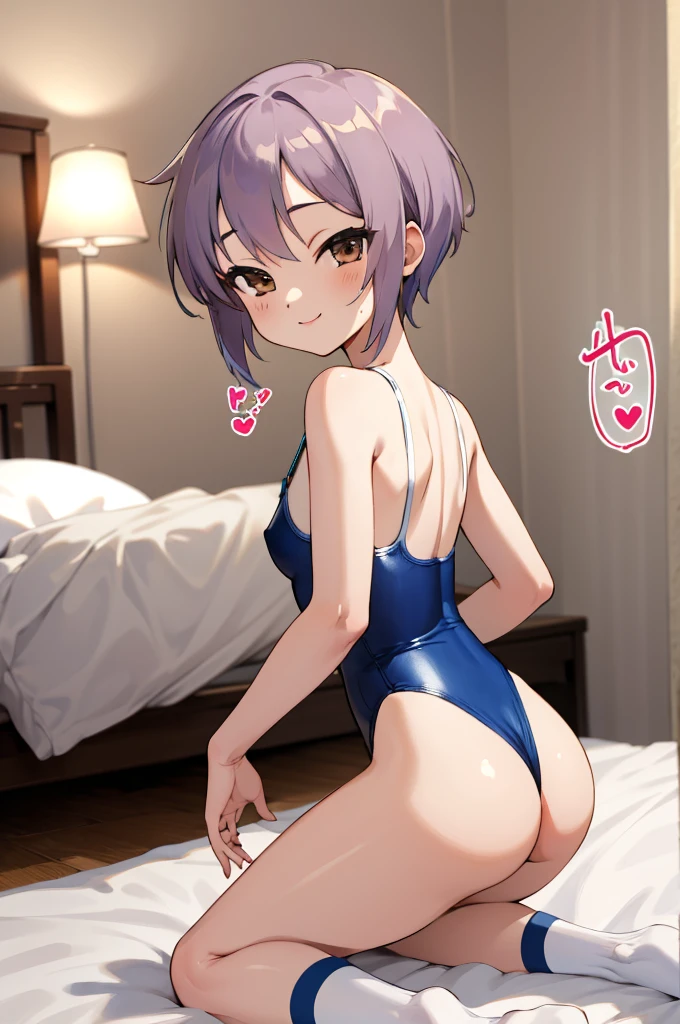masterpiece, best quality, highres, ny1,,looking viewer,,spoken heart,,(petite), ,swimsuits,leotard,socks,expressionless,my room,smile,on bed,nsfw,assom back