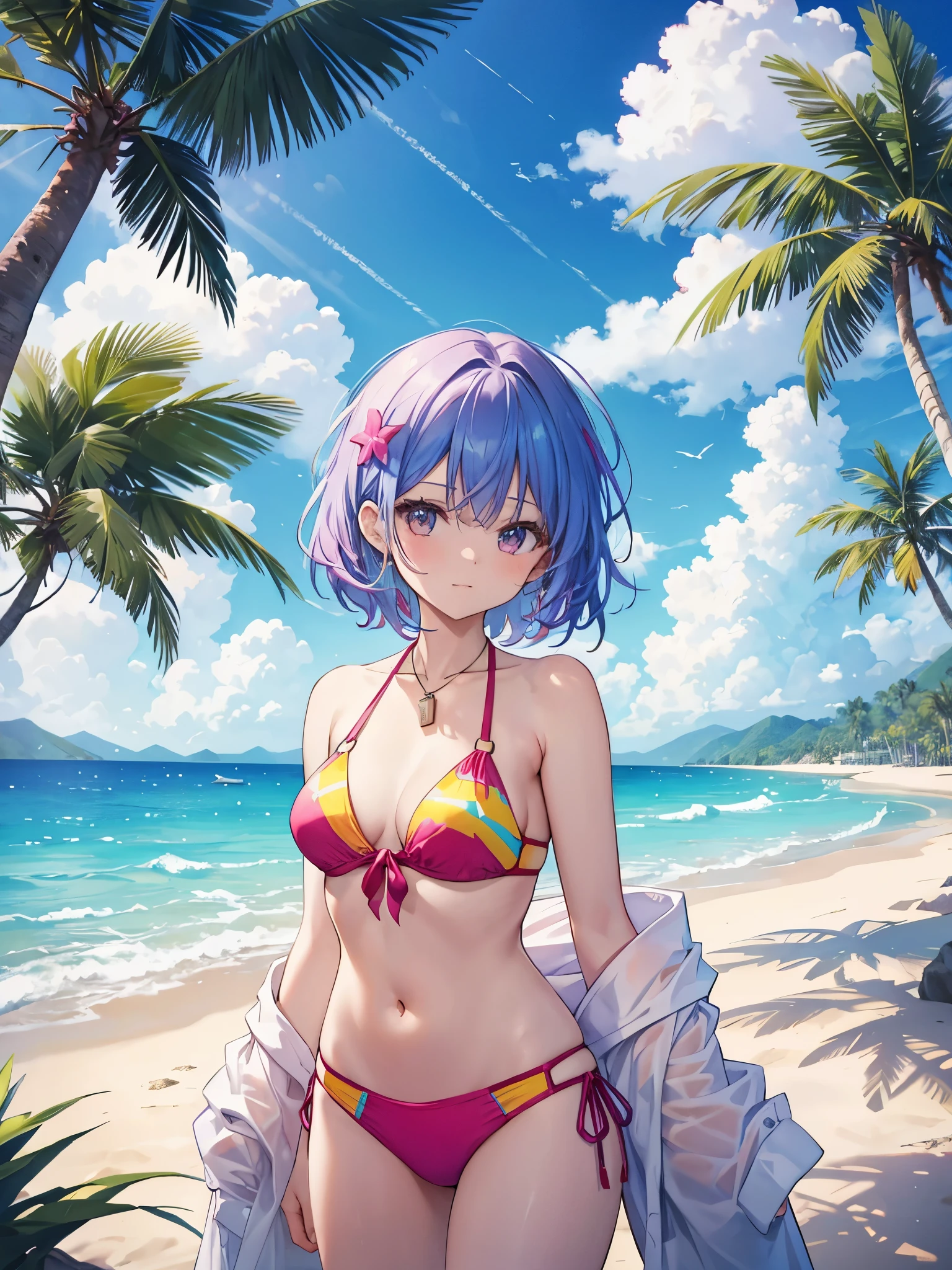 Masterpiece、Purple Hair、Shortcuts、Yellow Eyes、Swimwear、Scarf、Slender body、coastal、Smile、Idol、Gravure photoshoot