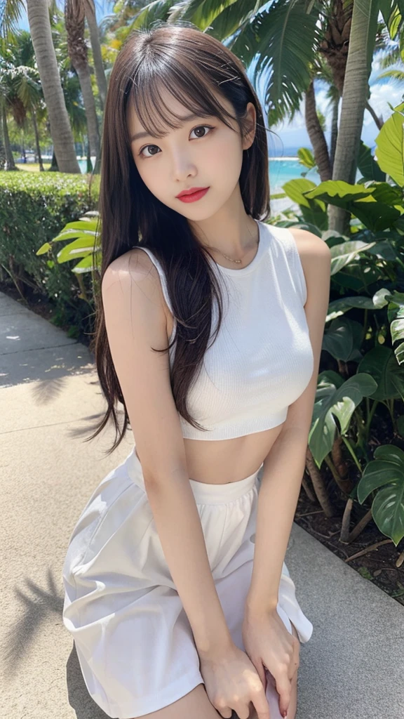 by the sea,There is a beauty that catches the eye。She has a slim figure,Wear a short skirt,Crop topping,Dance,It looks more elegant。In terms of appearance,She has long black and shiny hair,The skin is as fair as jade,The facial features are delicate and picturesque,Especially those big bright eyes,It seems to be able to see through people's hearts。She often has a smile on her lips,Exudes charming confidence and charm,Best quality,Face to face audience,