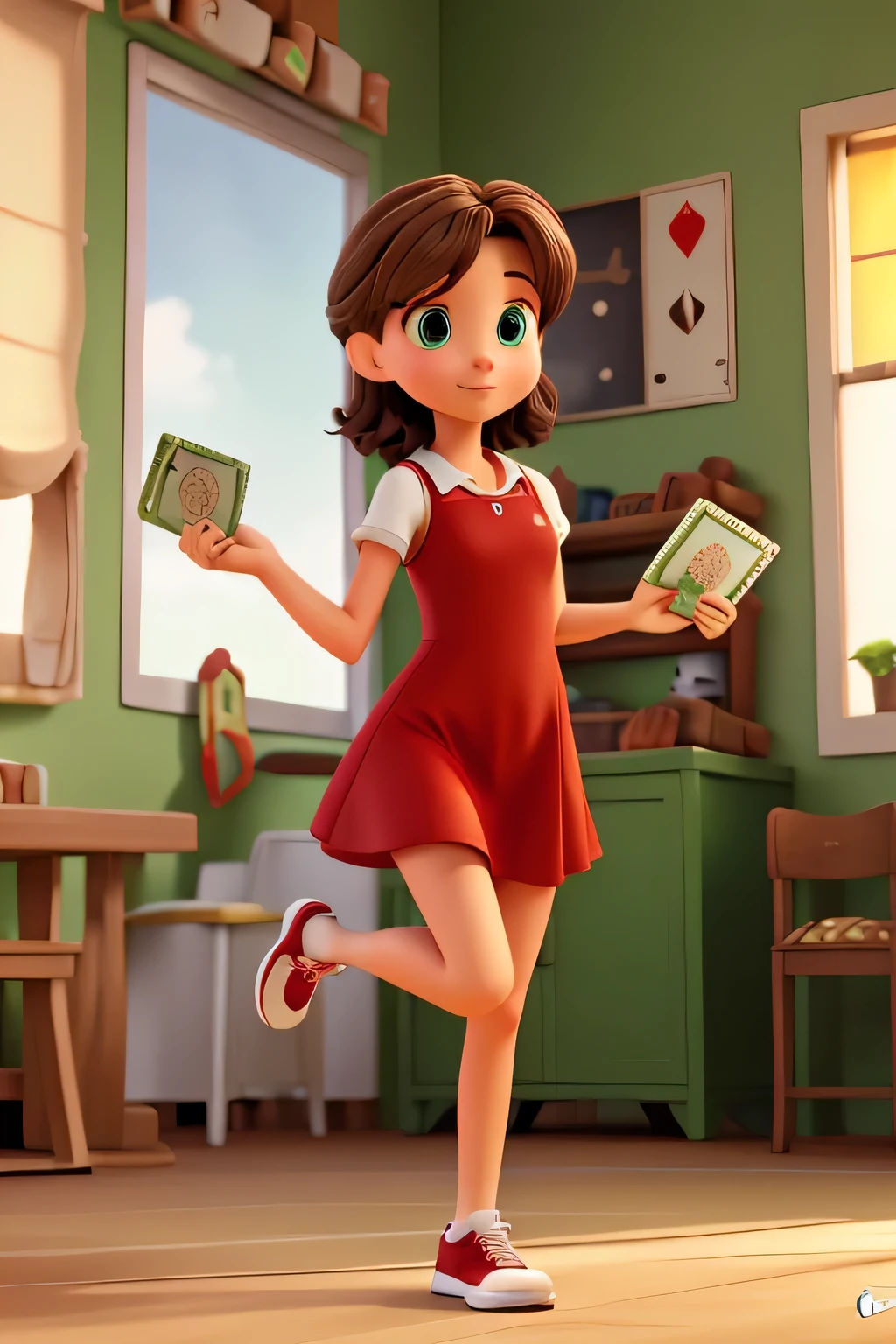 Light brunette with green eyes, medium brown hair, medium size 1.60 tall, short red strap dress , tennis branco, victory jump position, with a playing card in hand of 5