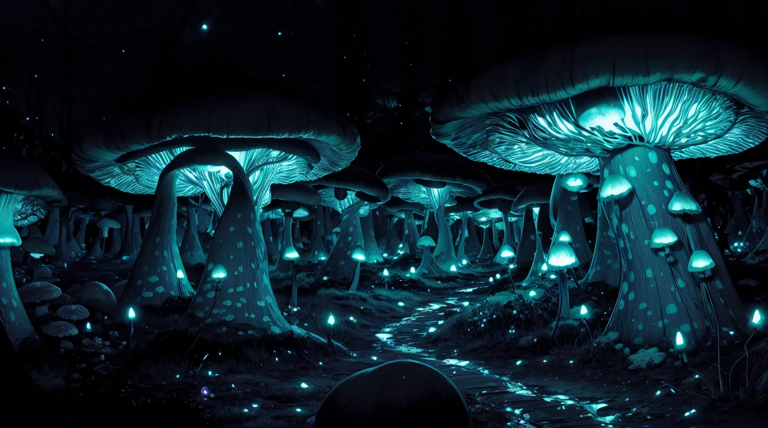 [by Junji Ito], dark horrorscape, [detailed shadows], [veins], (bioluminescent mushroom forest), 1girl, gigantic cosmic eyes, streaming tears, spiraling fungus, HDR