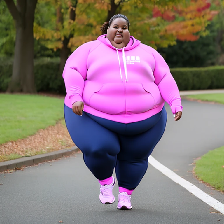 Extremely morbidly obese jogger woman wearing a pink jogging