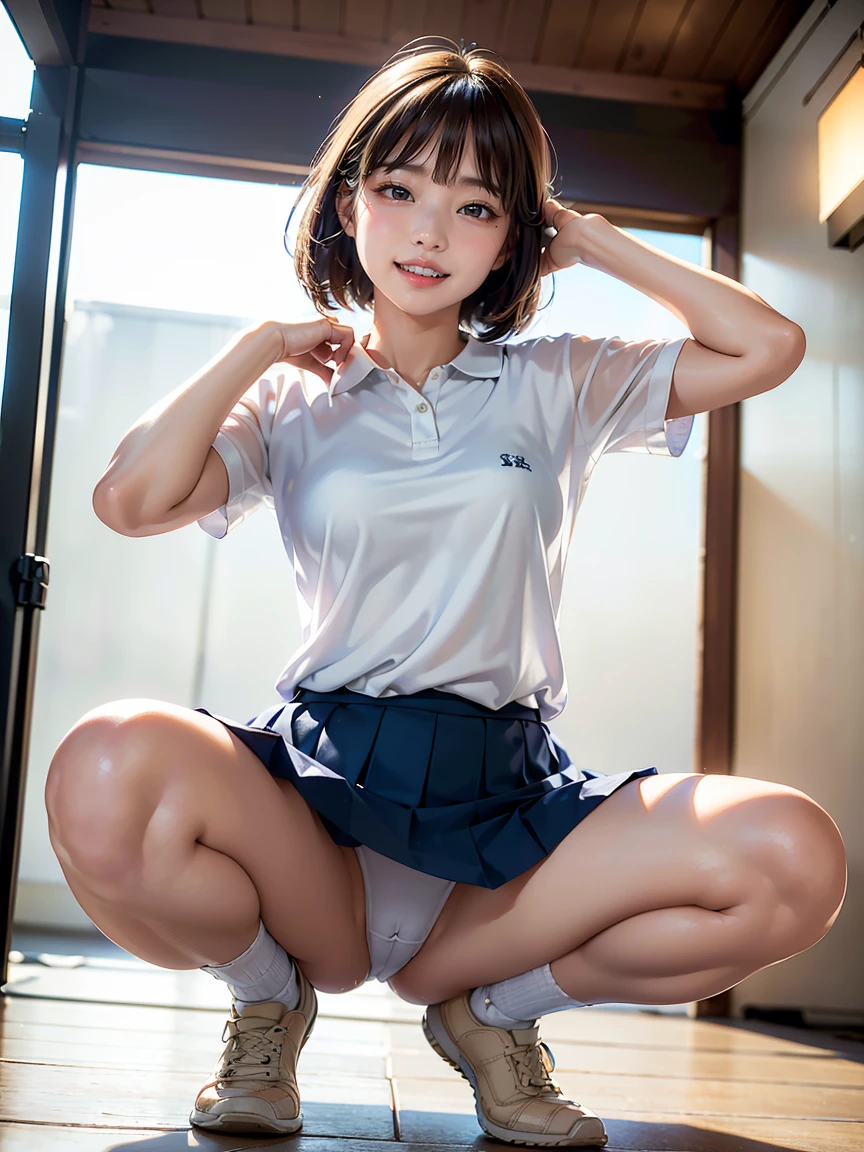 (masterpiece,Highest quality,High resolution,Realistic,photograph:1.2),(One high school girl:1.2), (((White polo shirt), Navy blue pleated skirt),(White sneakers),White socks),(Smiling with teeth showing and eyes narrowed:1.3),(Bobcut,Brown Hair,Natural Makeup, Eyelash extensions, Make your eyelashes thinner and longer:1.3),(Cowboy Shot:1.3),(16 year old Japanese girl:1.2),(Clothes that look good:1.2),(School corridor:1.3), (View the subject from below:1.2), (:1.3), (Random  poses, Spread your legs, Squatting and tiptoe:1.3), (Place your hands behind your head:1.3)Not wearing 