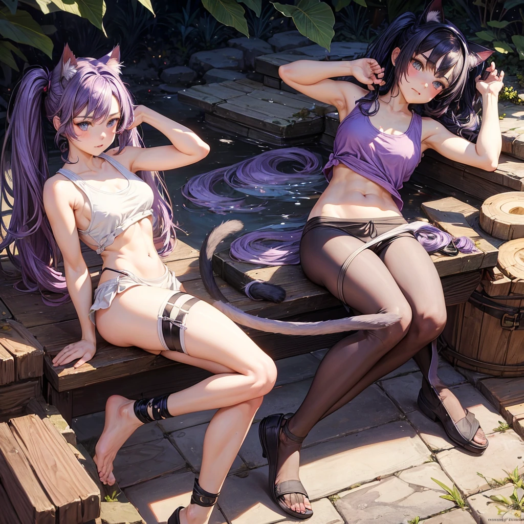  Cat ear, alone, Jeremy Lipking, William Bouguereau, (Alphonse Mucha:0.5), By d-art , SFW Purple Hair Girl, Cat ears and tail, Wearing a tank top and racing pants.　Loli body type　　Twin tails　Female genitalia is visible　　Detailed depiction of female genitalia　Flat Chest　Stern expression　Spread your legs