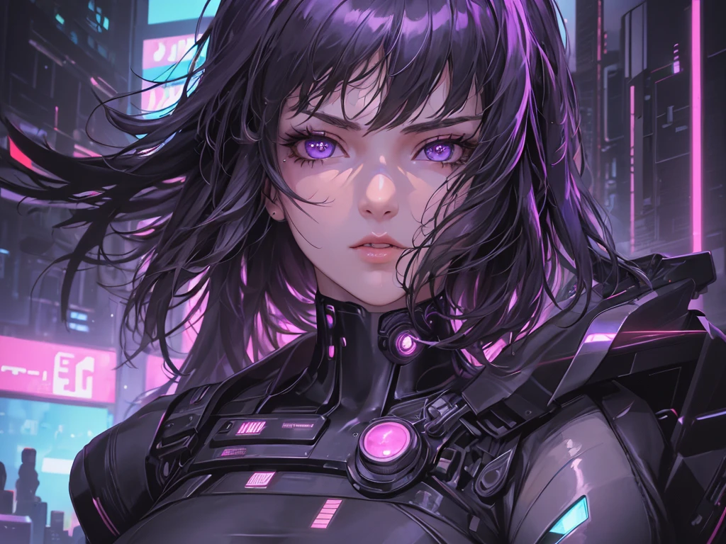 (masterpiece), (best quality), (very detailed), (1 person), (cyberpunk), future city background, detailed eyes, Detailed nose, Detailed lips, perfect face, perfect body, revealing clothing, Face and upper body expression, left
