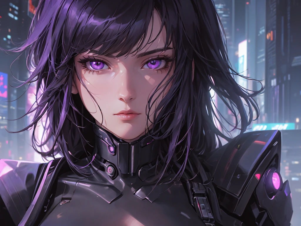 (masterpiece), (best quality), (very detailed), (1 person), (cyberpunk), future city background, detailed eyes, Detailed nose, Detailed lips, perfect face, perfect body, revealing clothing, Face and upper body expression, left
