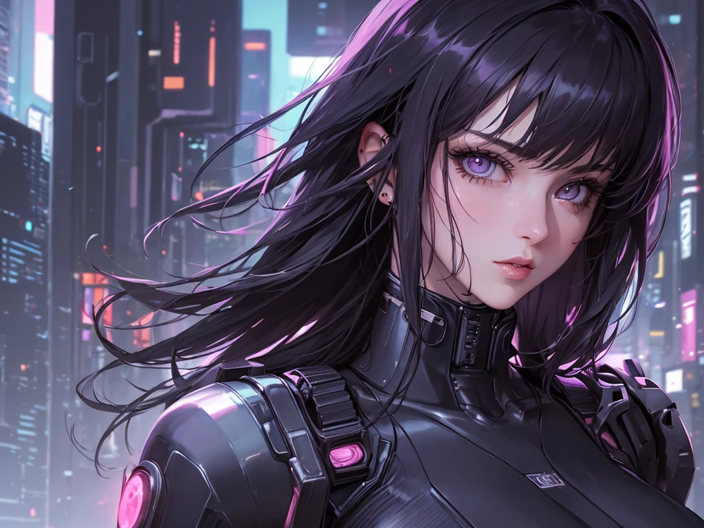 (masterpiece), (best quality), (very detailed), (1 person), (cyberpunk), future city background, detailed eyes, Detailed nose, Detailed lips, perfect face, perfect body, revealing clothing, Face and upper body expression, left