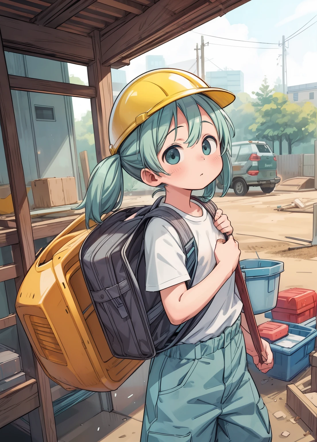 (masterpiece、Highest quality、Highest quality、Official Art、Beautiful and beautiful:1.2)、(One girl:1.3)Hatsune Miku、Twin tails,Beautiful breasts,Wearing a helmet、Safety helmet、Yellow Helmet、Gaten、Nikkapokka、Baggy trousers、construction、architecture、steel frame、Work clothes、construction現場で働く女の子、construction現場、towel、Strong man、carry heavy loads、safety first