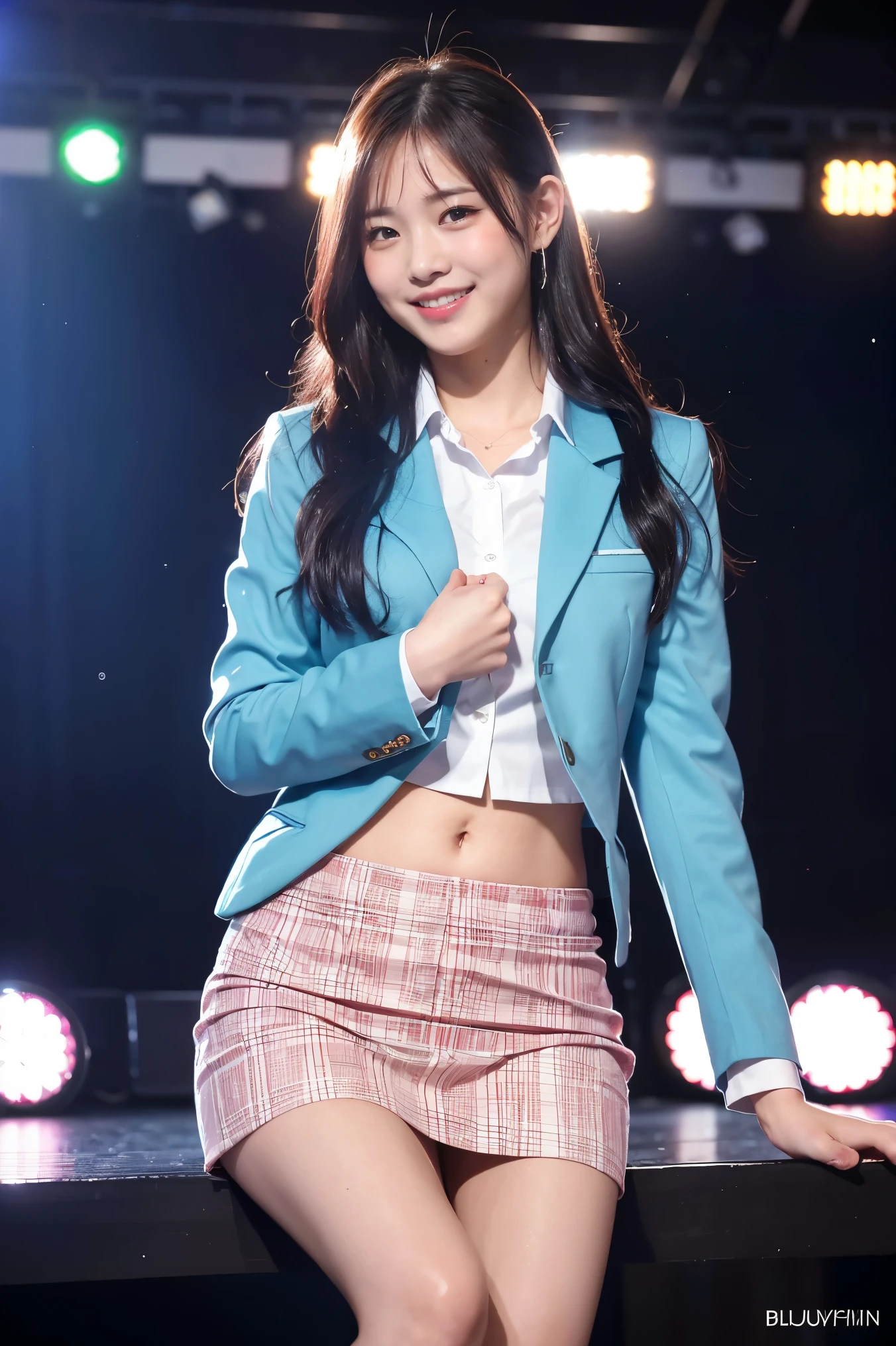 (8K), (highest quality: 1.2), (Realistic), (Realistic: 1.37), Ultra-high resolution, 1 girl, cute, (Embarrassed smile:1.2), (Blushing:1.4),Mouth closed,赤いリップ, Beautiful details, Beautiful Nose, Wet Hair, giant dulcefo, pork, Thighs,Navel exposed,University Student Uniform,(カルバン・クラインのグレーのスポーツブラ:1.2),A simple blazer,tight skirt,Platform boots,Dancing on the school stage,(Shiny Thighs:1.2),(ニーハイソックス:1.2),Medium Shot