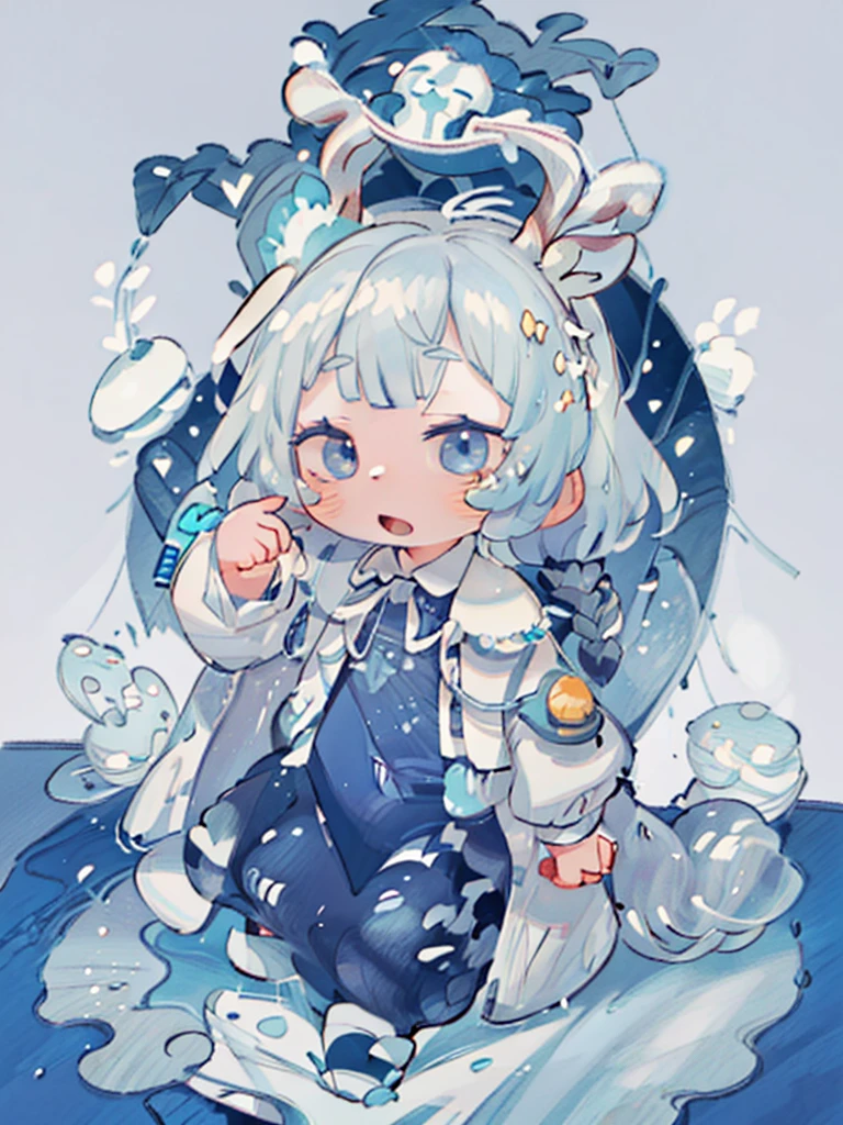 tarot, BORDER, celestial, chibi, masterpiece, best quality, extremely detailed, detailed background, detailed face, 1boy, full-body, solo, pale skin, dark blue hair, deer ears, deer horns, happy expression, white jacket, blue flower, good finger, perfect face, intricate details, mystical forest theme