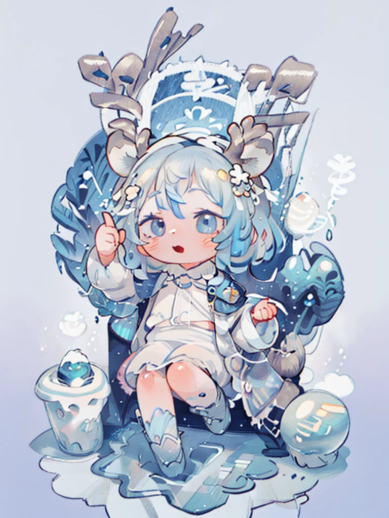 tarot, BORDER, celestial, chibi, masterpiece, best quality, extremely detailed, detailed background, detailed face, 1boy, full-body, solo, pale skin, dark blue hair, deer ears, deer horns, happy expression, white jacket, blue flower, good finger, perfect face, intricate details, mystical forest theme