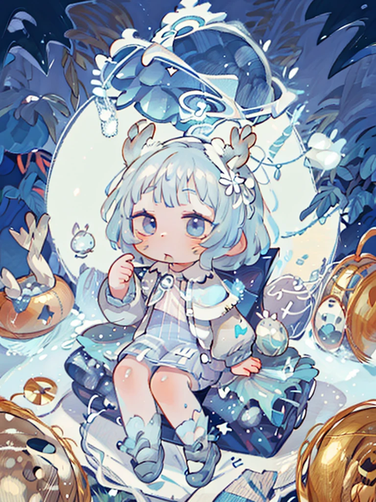 tarot, BORDER, celestial, chibi, masterpiece, best quality, extremely detailed, detailed background, detailed face, 1boy, full-body, solo, pale skin, dark blue hair, deer ears, deer horns, happy expression, white jacket, blue flower, good finger, perfect face, intricate details, mystical forest theme