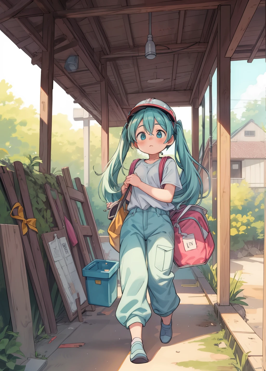 (masterpiece、Highest quality、Highest quality、Official Art、Beautiful and beautiful:1.2)、(One girl:1.3)Hatsune Miku、Twin tails,Beautiful breasts,Wearing a helmet、Safety helmet、Yellow Helmet、Gaten、Nikkapokka、Baggy trousers、construction、architecture、steel frame、Work clothes、construction現場で働く女の子、construction現場、towel、Strong man、carry heavy loads、safety first