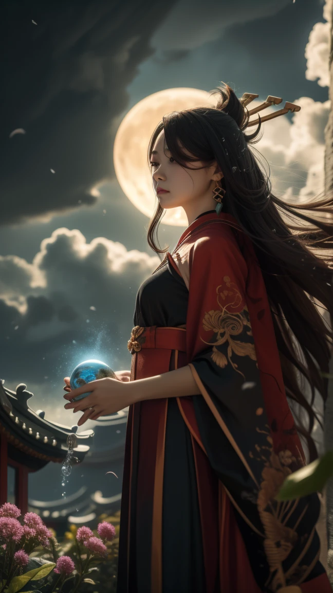 "((Fantasy art)) featuring an alien girl, immersed in a heavenly symphony, clouds turn into bright splashes, flowers are scattered, like notes in the wind, visual orchestration of color and wonder" night , full moon on Thursday, Best quality,  black hair,hairpin,long hair,Red eyes,eye patch, earrings, Hanfu,chinese clothes,