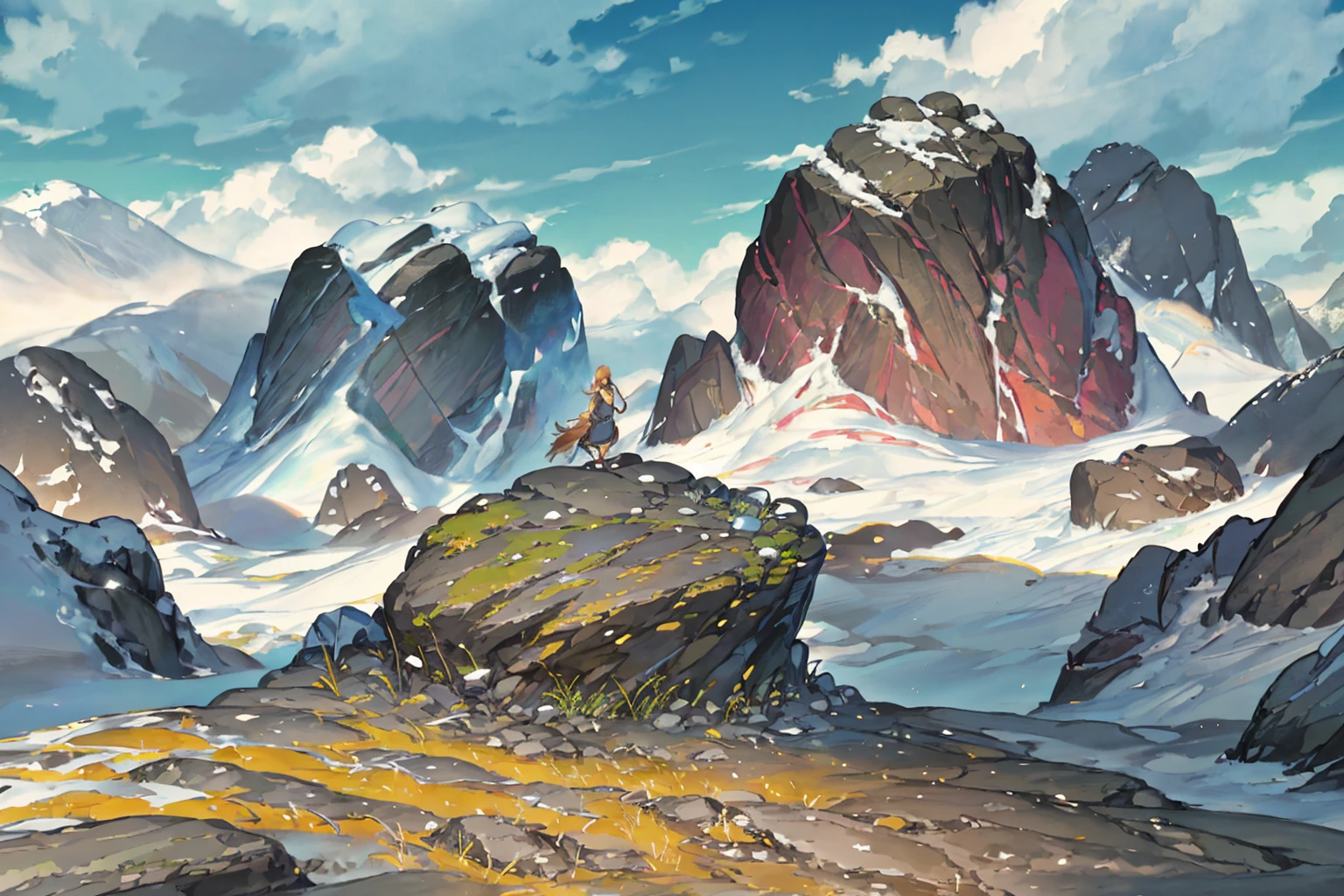 summer, rocky area, rock formation, (illustration : 1.0), Narrative composition, realistic lighting, HD detail, masterpiece, best quality best, (Highly detailed CG integrated 8k wallpaper), wide and flat rocky area, A small, sharp, rough rock at the top of the screen.