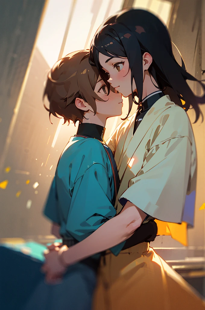 Two friends, two guy, one looking, one looking away, one black hair, one brown hair, anime style, chromatic aberration, god rays, UHD, ccurate, high details, best quality, high quality, super detail, market store, winning award
