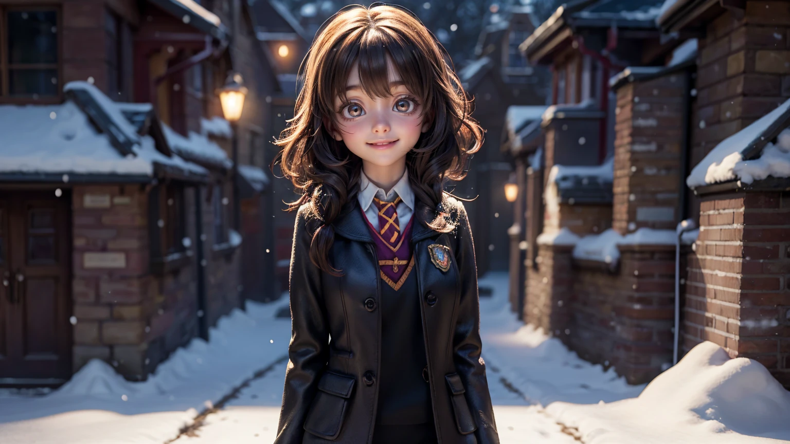 cute smiley bright  face girl with standing pose, snow weather, front view of harry potter school, harry potter school