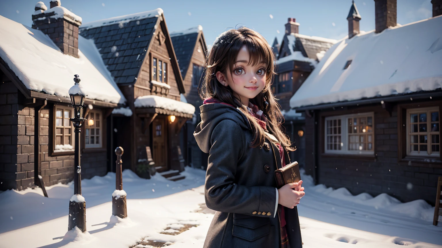 cute smiley bright face girl with standing pose, snow weather, front view of harry potter school, harry potter school