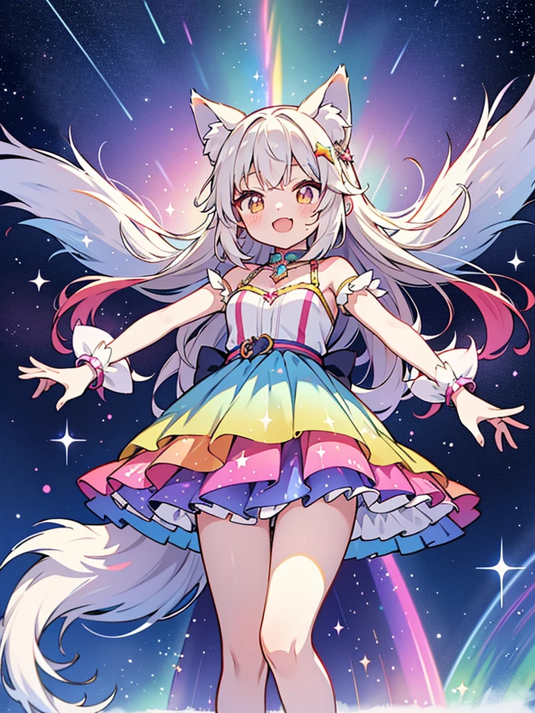 Anime style,lolishota,wolf ears tail,rainbow 7colors gradation stars glitter shining glowing prism Aurora Borealis Glimmering dress,Flying into the sky, shining like a goddess, she is truly divine,Spread arms horizontally,laugh,