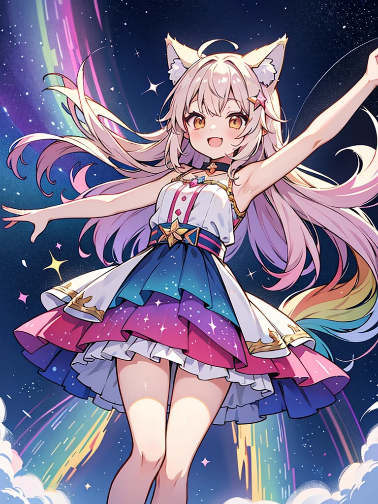 Anime style,lolishota,wolf ears tail,rainbow 7colors gradation stars glitter shining glowing prism Aurora Borealis Glimmering dress,Flying into the sky, shining like a goddess, she is truly divine,Spread arms horizontally,laugh,