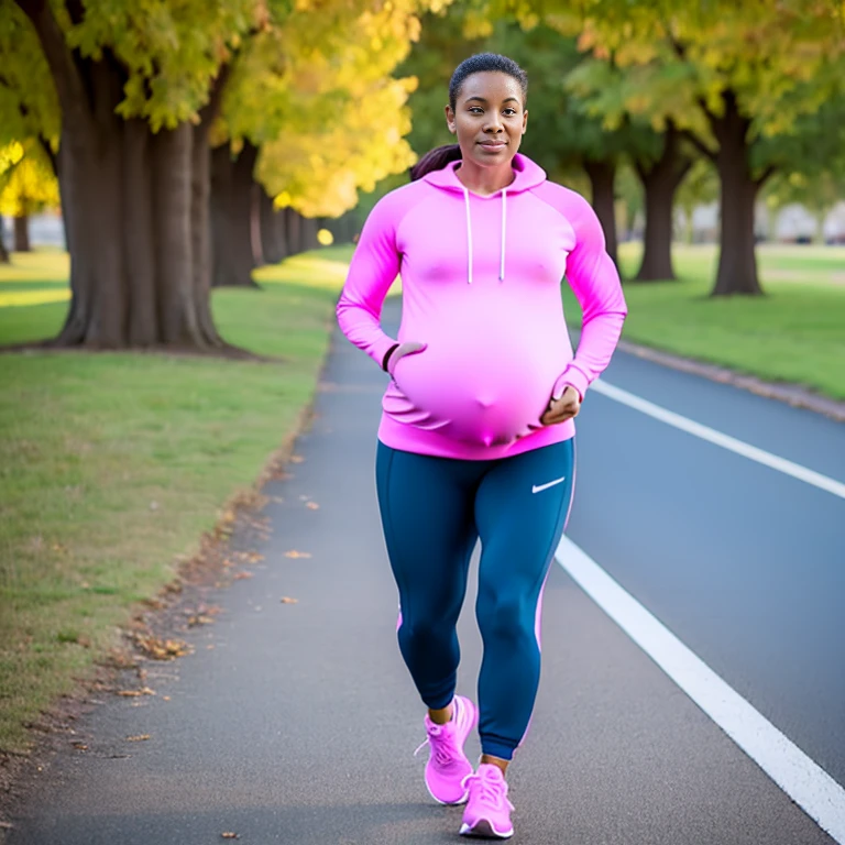 Extremely pregnant jogger woman wearing a pink jogging