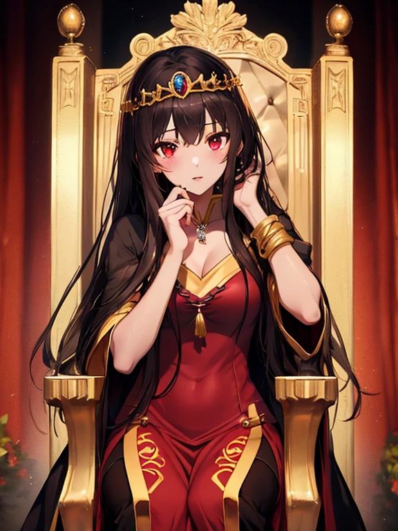 Queen, tiara, Princess, ring:1.5, Golden Staff, Throne of Power, (masterpiece), highest quality, Megumin, 1girl, uhd, retina, masterpiece, ccurate, anatomically correct, textured skin, super detail, high details, high quality, best quality, highres, 4K