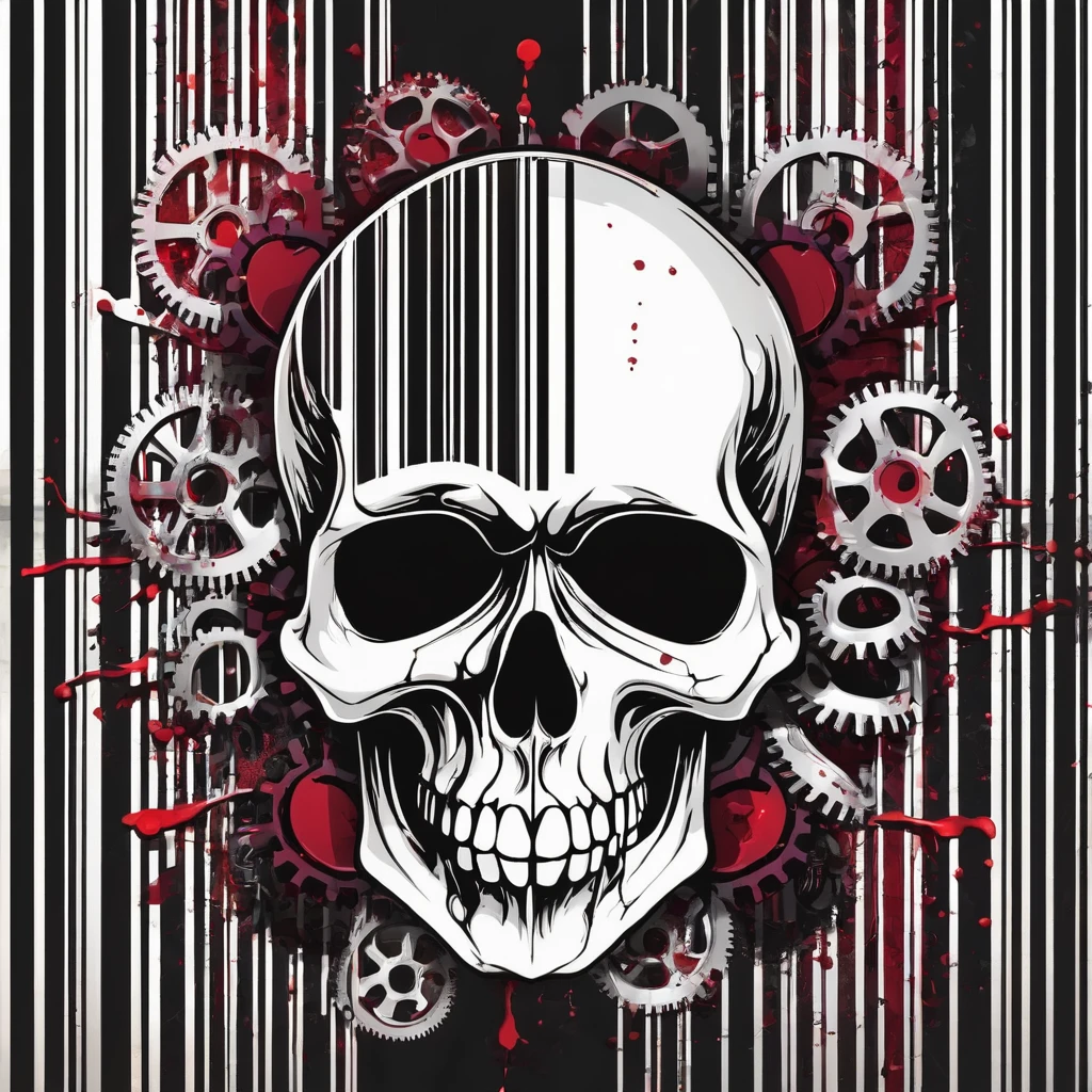 skull formed by a bleeding barcode, bacground factory gears.
