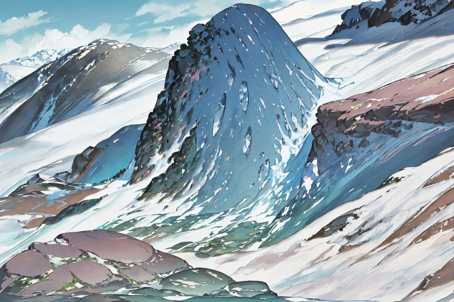 summer, rocky area, rock formation, (illustration : 1.0), Narrative composition, realistic lighting, HD detail, masterpiece, best quality best, (Highly detailed CG integrated 8k wallpaper), wide and flat rocky area, A small, sharp, rough rock at the top of the screen.