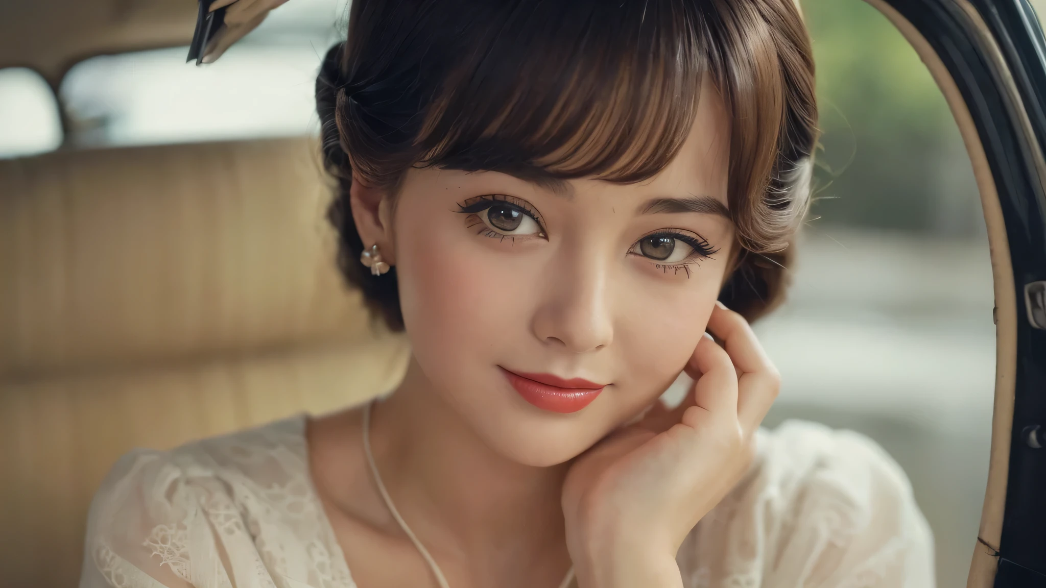 (1950s girl:1.3), (1girl:1.3), smile shyly, (highly detailed face), (extremely detailed beautiful face), (Early Showa hairstyle, retro hairstyle, 1950 fashionable clothing, oldies fashion:1.3), (Best Quality:1.4), (Ultra-detailed), extremely detailed CG unified 8k wallpaper, Realistic portrait, Beautiful detailed, High-definition raw color photos, professional photography, (fine face:1.2), focus on women, (oldies, oldies songs, Old photos, retro photos, sepia photos, valuable photos that give you a sense of the times), A scene from a retro movie from the 1950s,