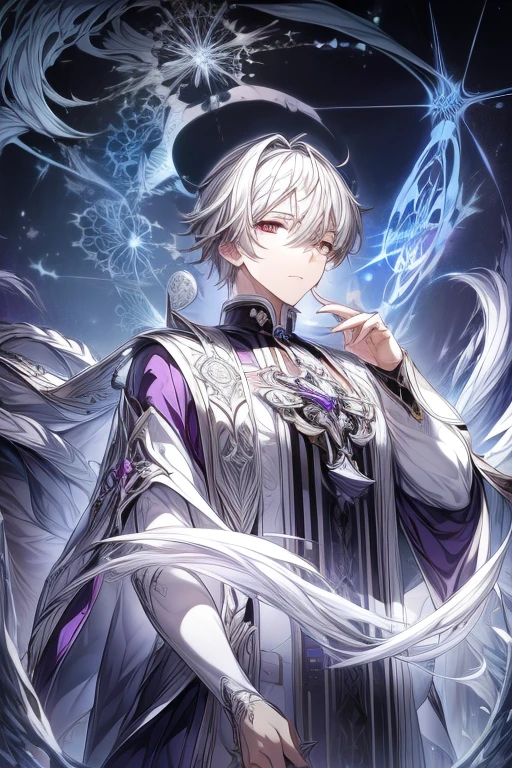 (masterpiece, best quality, perfect face, expressive eyes), 1boy, (anime), (male), intricate details, white hair, purple eyes, white priest outfit,  silver wreath, white mitre, moon background,