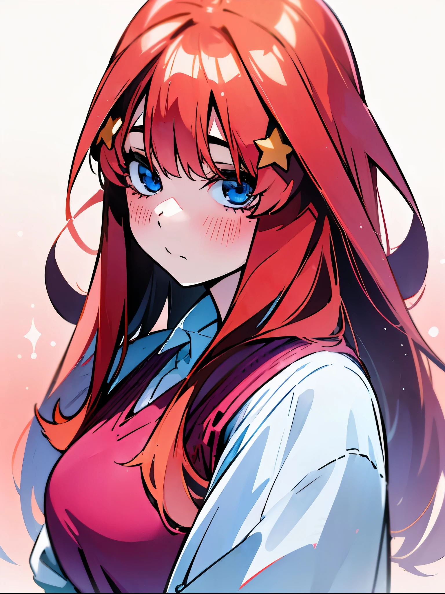 best quality, ultra high res, (photorealistic:1.4), blush, pure pretty teenage girl with long fluffy red hair,  aaitsuku, Nakano itsuki from The Quintessential Quintuplets, , cowboy shot, straight hair, dark blue eyes, sparkling eyes, star hairclips, beautiful girl, long fluffy red hair, watercolor illustration, beautiful, masterpiece, best quality, itsuki nakano, blue eyes, collared white shirt,pink red sleeveless vest.