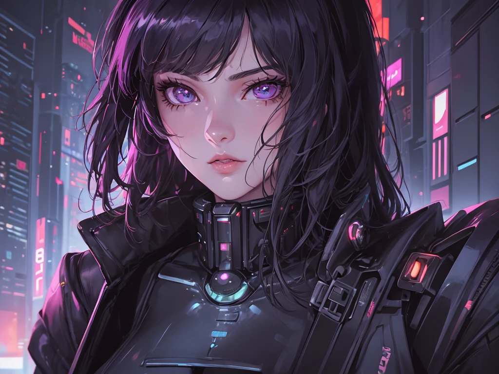 (masterpiece), (best quality), (very detailed), (1 person), (cyberpunk), future city background, detailed eyes, Detailed nose, Detailed lips, perfect face, perfect body, revealing clothing, whole body, left