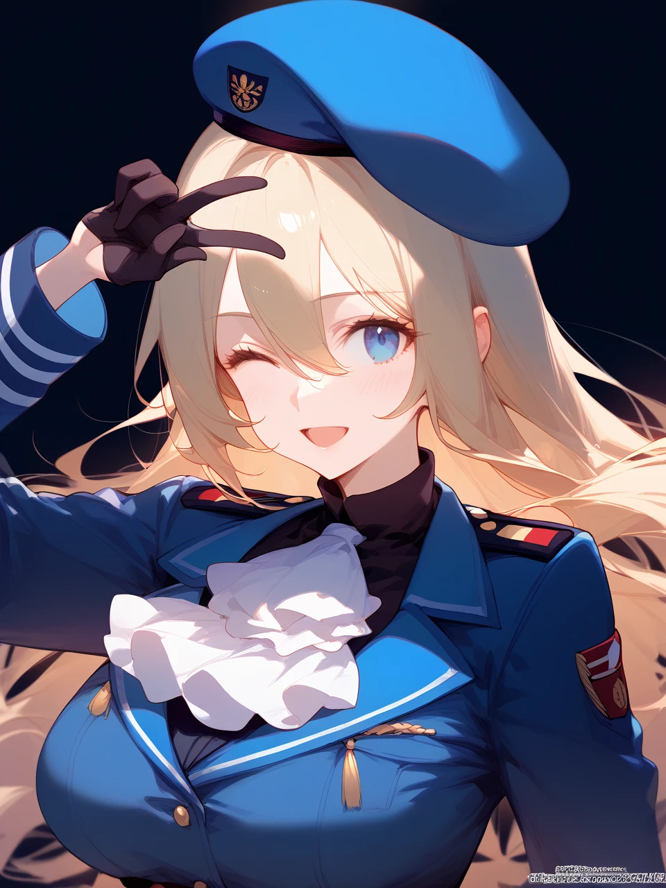 1girl, 
score_9, score_8_up, score_7_up, open mouth, military, military uniform, black gloves, upper body, blonde hair, blue jacket, jacket, hat, looking at viewer, ;d, smile, beret, large breasts, one eye closed, index finger raised, blue eyes, finger to mouth, gloves, military hat, simple background, white background, long sleeves, ascot, white ascot, hair between eyes, uniform, breasts,  username, dated, blue headwear, solo, long hair, white headwear, hand up, blush