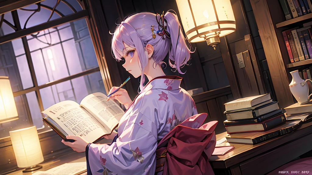 woman　clear　Light purple hair　　kimono　　Anime Style　reading　literature　Study

