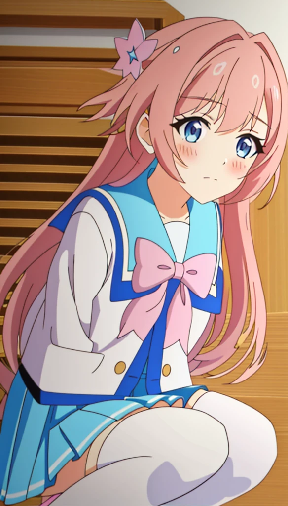 is，squat，angle from bottom to top，high ，sailor uniform，pink hair blue eyes shy，being realistic，adorable